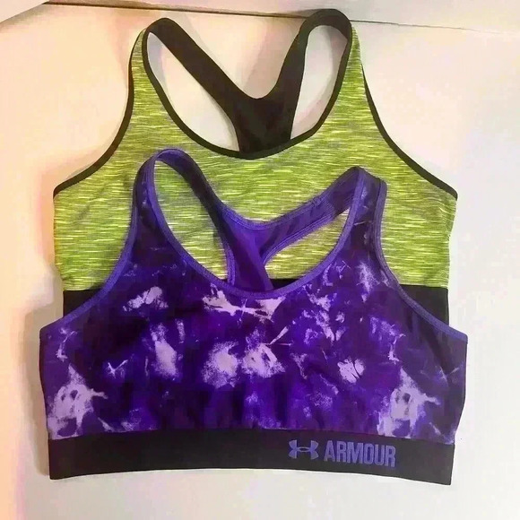 Under Armour Green & Purple Heat Gear Mid Impact Support Sports Bra Medium Lot - Picture 1 of 7